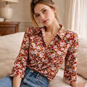 Diane von Furstenberg 100% Silk Floral Button Front Blouse Size 14